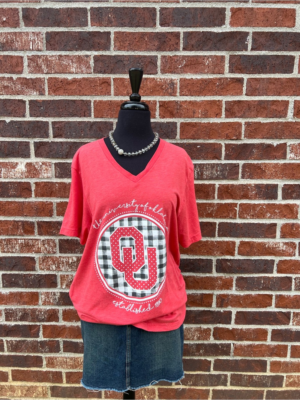 OU Red V-Neck Women's Tee with Buffalo Check Logo